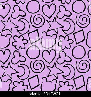 Illustration nahtlose Muster Doodle Hand gezeichnete Herzen Sterne tragen Kopf Flieder Lavendel Hintergrund Stockfoto