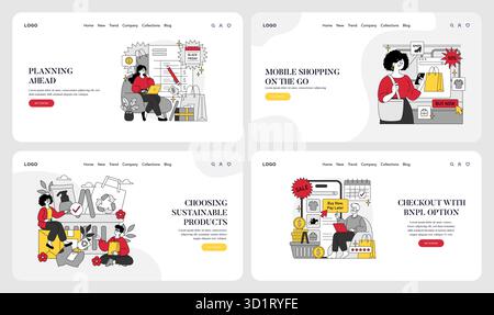 Vektor-Illustrationssatz, der verschiedene Online-Shopping-Aktivitäten darstellt. Szenarien umfassen die Planung von Einkäufen, mobiles Einkaufen, die Wahl nachhaltiger Produkte und die Verwendung von BNPL-Optionen. Perfekt für Themen des digitalen Handels. Stock Vektor
