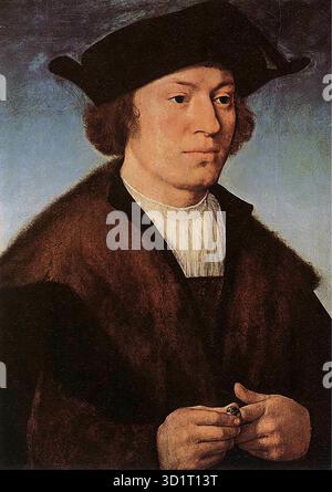 CLEVE, Joos van (* 1485, Antwerpen, d. 1540, Antwerpen) Porträt eines Mannes und einer Frau 1520 und 1527 Öl auf Holz, je 57 x 42 cm Galleria degli Uffizien, Florenz seit langem als Meister des Todes der Jungfrau bekannt, von einem der ersten bedeutenden Werke, die er ausgeführt hat, wird Joos van Cleve zum ersten Mal 1511 erwähnt, als er Mitglied der Gesellschaft der Antwerpener Maler wurde. Als talentierter und hochgeschätzter Porträtist wurde er ausgewählt, um die Porträts von Franz I. von Frankreich, seiner Frau Eleonora von Österreich, des Kaisers Maximilian und des jungen Heinrich VIII. Zu malen Stockfoto