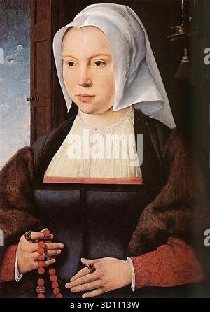 CLEVE, Joos van (* 1485, Antwerpen, d. 1540, Antwerpen) Porträt eines Mannes und einer Frau 1520 und 1527 Öl auf Holz, je 57 x 42 cm Galleria degli Uffizien, Florenz seit langem als Meister des Todes der Jungfrau bekannt, von einem der ersten bedeutenden Werke, die er ausgeführt hat, wird Joos van Cleve zum ersten Mal 1511 erwähnt, als er Mitglied der Gesellschaft der Antwerpener Maler wurde. Als talentierter und hochgeschätzter Porträtist wurde er ausgewählt, um die Porträts von Franz I. von Frankreich, seiner Frau Eleonora von Österreich, des Kaisers Maximilian und des jungen Heinrich VIII. Zu malen Stockfoto