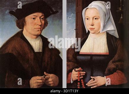 CLEVE, Joos van (* 1485, Antwerpen, d. 1540, Antwerpen) Porträt eines Mannes und einer Frau 1520 und 1527 Öl auf Holz, je 57 x 42 cm Galleria degli Uffizien, Florenz seit langem als Meister des Todes der Jungfrau bekannt, von einem der ersten bedeutenden Werke, die er ausgeführt hat, wird Joos van Cleve zum ersten Mal 1511 erwähnt, als er Mitglied der Gesellschaft der Antwerpener Maler wurde. Als talentierter und hochgeschätzter Porträtist wurde er ausgewählt, um die Porträts von Franz I. von Frankreich, seiner Frau Eleonora von Österreich, des Kaisers Maximilian und des jungen Heinrich VIII. Zu malen Stockfoto