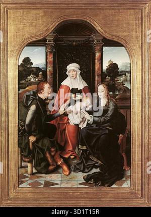 CLEVE, Joos van (* 1485, Antwerpen, d. 1540, Antwerpen) St. Anne mit der Jungfrau und dem Kind und St. Joachim - Holz, 109 x 74 cm Mus?es Royaux des Beaux-Arts, Brüssel Antwerpen erlebte um 1500 einen außerordentlichen wirtschaftlichen Boom. Der Export von Luxusgütern wuchs so schnell, dass sich viele Künstler dort niederließen, weil die Kunst die Gesellschaft des Reichtums liebt. Der Maler Joos van der Beke, auch bekannt als Joos van Cleve, wurde 1511 als Meistermaler in die Antwerpener Gilde St. Lukas eingeschrieben. Die meiste seiner fruchtbaren Karriere fand in Antwerpen statt. Die Szene der Heiligen Anna mit der Jungfrau und C. Stockfoto