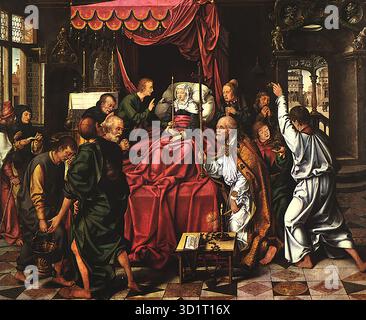 CLEVE, Joos van (* 1485, Antwerpen, d. 1540, Antwerpen) der Tod der Jungfrau 1520 Öl auf Holz, 132 x 154 cm Alte Pinakothek, München Joos van Cleve (van der Beke) war nach diesem Gemälde als Meister des Todes Mariens bekannt. Er arbeitete in Antwerpen und war später Hofmaler des französischen Königs Franz I.. --- Schlüsselwörter: ----------------- Autor: CLEVE, Joos van Titel: Der Tod der Jungfrau Zeitlinie: 1501-1550 Schule: Flämische Form: Malerei Typ: Religiös Stockfoto