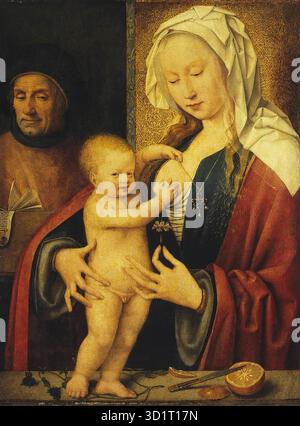 CLEVE, Joos van (* 1485, Antwerpen, d. 1540, Antwerpen) die Heilige Familie - Öl auf Leinwand aus Holz übertragen, 43 x 32 cm die Eremitage, St. Petersburg Joos van Cleve (van der Beke) und seine Schüler haben mehrere Versionen dieses beliebten Themas gemacht. --- Schlüsselwörter: ----------------- Autor: CLEVE, Joos van Titel: Die Heilige Familie Zeitlinie: 1501-1550 Schule: Flämische Form: Malerei Typ: Religiös Stockfoto
