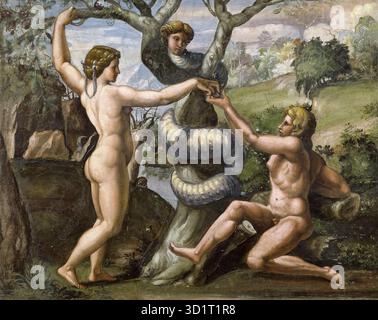 Die Anbetung der Könige ist ein Fresko von Raffaello Sanzio (1483–1520), das Teil der Dekoration der Loggetta (kleine Loggia) im Apostolischen Palast in Vatikanstadt ist. Die Szene zeigt die drei Könige, die dem Kindlein Christus Geschenke schenken, seine Göttlichkeit und die Anerkennung aller Nationen feiern. Raphaels Komposition kombiniert elegante Figuren, harmonische Arrangements und klare Erzählungen und veranschaulicht die Balance, Klarheit, Klarheit, und die charakteristische Anmut der Fresko-Dekoration der Hochrenaissance. Stockfoto