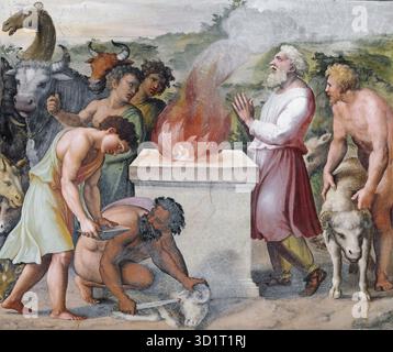 RAFFAELLO Sanzio Dekoration der Loggetta Fresco Palazzi Pontifici, Vatikan - das Opfer von Noah ist ein Fresko von Raffaello Sanzio (Raffaello Sanzio, 1483–1520), Teil der Dekoration der Loggetta (kleine Loggia) im Apostolischen Palast, Vatikanstadt. Die Szene zeigt, wie Noah nach der Flut ein Opfer darbringt, das Dankbarkeit und göttlichen Bund symbolisiert. Raphaels Komposition zeichnet sich durch ausgewogene Figuren, expressive Gesten und eine klare räumliche Organisation aus und veranschaulicht die Eleganz, Harmonie und erzählerische Klarheit, die für die Fresko-Dekoration der Hochrenaissance charakteristisch sind. Stockfoto