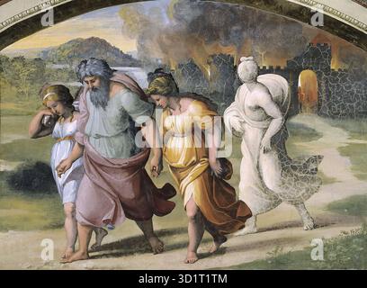 Der Flug von Sodom ist ein Fresko von Raffaello Sanzio (1483–1520), das Teil der Dekoration der Loggetta (kleine Loggia) im Apostolischen Palast in Vatikanstadt ist. Die Szene zeigt Lot und seine Familie, die vor der Zerstörung Sodoms fliehen, wobei göttliches Urteilsvermögen und menschlicher Gehorsam betont werden. Raphaels Komposition zeichnet sich durch expressive Gesten, ausgewogene Figuren und eine klare narrative Struktur aus, die die Harmonie, Klarheit und Eleganz der Freskenmalerei der Hochrenaissance veranschaulicht. Stockfoto