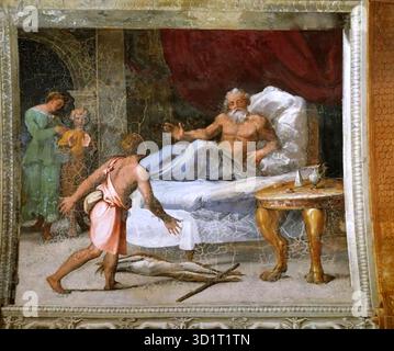 RAFFAELLO Sanzio Dekoration der Loggetta Fresco Palazzi Pontifici, Vatikan - das Geburtsrecht von Esau ist ein Fresko von Raffaello Sanzio (Raffaello Sanzio, 1483–1520), Teil der Dekoration der Loggetta (kleine Loggia) im Apostolischen Palast, Vatikanstadt. Die Szene zeigt die biblische Episode, in der Esau sein Geburtsrecht an Jakob verkauft, und illustriert Themen der menschlichen Gebrechlichkeit und göttlichen Vorsehung. Raphaels Komposition betont ausdrucksstarke Figuren, klare Erzählungen und harmonische Arrangements, die Eleganz, Klarheit, und Balance charakteristisch für die Kunst der Hochrenaissance. Stockfoto
