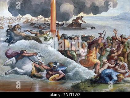 Die Überquerung des Roten Meeres ist ein Fresko von Raffaello Sanzio (1483–1520), das Teil der Dekoration der Loggetta (kleine Loggia) im Apostolischen Palast in Vatikanstadt ist. Das Fresko zeigt die wundersame Passage der Israeliten durch das Rote Meer, geführt von Moses, während die Armee des Pharao überwältigt ist. Raphaels Komposition verbindet dynamische Bewegung, expressive Gesten und sorgfältige räumliche Anordnung und veranschaulicht die Klarheit, Harmonie und erzählerische Präzision der Freskenmalerei der Hochrenaissance. Stockfoto