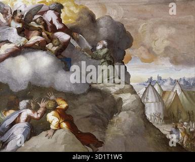 Die Lieferung der Gesetztafeln ist ein Fresko von Raffaello Sanzio (1483–1520), das Teil der Dekoration der Loggetta (kleine Loggia) im Apostolischen Palast in Vatikanstadt ist. Die Szene zeigt, wie Moses die Tafeln des Gesetzes über den Berg Sinai erhält, das göttliche Autorität und den Bund mit Gott symbolisiert. Raphaels Komposition betont ausgewogene Figuren, klare Erzählungen und harmonische Raumordnung und spiegelt die Eleganz, Klarheit und raffinierte Gestaltung wider, die für Fresken der Hochrenaissance charakteristisch sind. Stockfoto