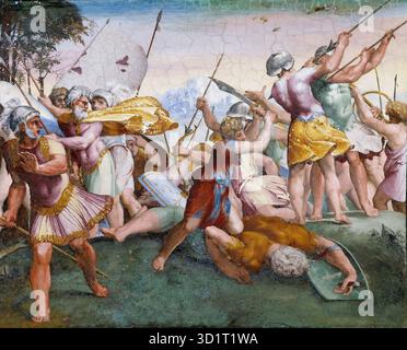 RAFFAELLO Sanzio Dekoration der Loggetta Fresco Palazzi Pontifici, Vatikan - David und Goliath ist ein Fresko von Raffaello Sanzio (Raffaello Sanzio, 1483–1520), Teil der Dekoration der Loggetta (kleine Loggia) im Apostolischen Palast, Vatikanstadt. Das Fresko zeigt die biblische Geschichte des jungen David, der sich dem Riesen Goliath gegenübersieht, und betont Mut, Glauben und göttliche Gunst. Raphaels Komposition zeigt ausgewogene Figuren, klare Erzählungen und elegante Gesten, die die Anmut, Klarheit, und harmonisches Design, das charakteristisch für die Kunst der Hochrenaissance ist. Stockfoto