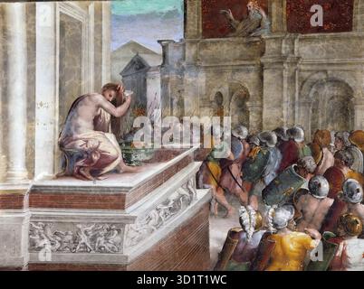 RAFFAELLO Sanzio Dekoration der Loggetta Fresco Palazzi Pontifici, Vatikan - die Toilette von Bathseba ist ein Fresko von Raffaello Sanzio (1483–1520), das sich in der Loggia des Raffael im Apostolischen Palast befindet. Die Szene zeigt Bathseba auf ihrer Toilette, während König David sie aus der Ferne beobachtet und die biblische Geschichte mit Eleganz und subtiler erzählerischer Spannung veranschaulicht. Raphaels Komposition demonstriert seine Beherrschung der Perspektive, harmonischer Figuren und raffinierter Gesten, indem sie die ideale der Hochrenaissance von Schönheit, Proportionalität und Klarheit in der dekorativen Umgebung von vereint Stockfoto