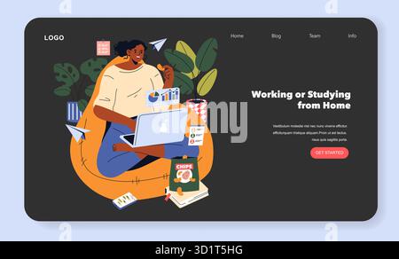 Vektor-Illustration einer Frau, die von zu Hause aus an einem Laptop arbeitet und bequem auf einem Sitzsack sitzt. Umgeben von Pflanzen und Gelegenheitsgegenständen scheint sie auf ihre Aufgaben konzentriert zu sein. Stock Vektor