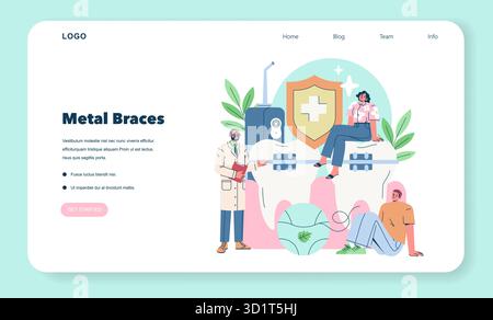 Zahnpflegekonzept mit Metallspangen, einem Arzt mit einem Zahnwerkzeug und zwei Personen mit unterschiedlichen Gesichtsausdrücken. Farbenfrohes Design veranschaulicht die Vorteile der kieferorthopädischen Behandlung. Stock Vektor