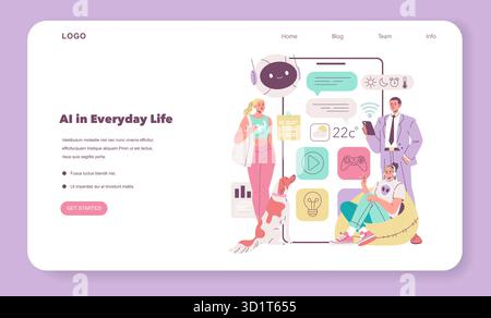Vektorillustration, die Menschen zeigt, die im täglichen Leben mit KI-Anwendungen interagieren. Bietet einen Chatbot, die Nutzung intelligenter Geräte und verschiedene Aktivitäten, die die Rolle der Technologie bei alltäglichen Aufgaben betonen. Stock Vektor