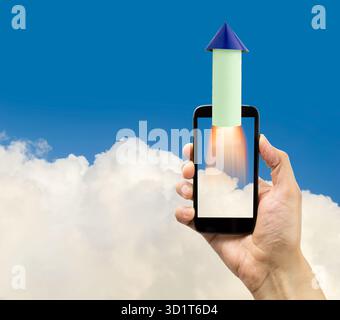 Raketenstart vom Smartphone aus. Start-up-Business-Konzept für die Entwicklung mobiler Apps oder andere disruptive digitale Geschäftsideen und Verbindungsgeschwindigkeit Stockfoto
