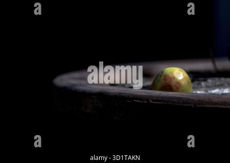 Künstlerisches Stillleben auf einer dunklen Platte, gefangen in sanftem, stimmungsvollem Licht. Eine rustikale und elegante Essenskomposition Stockfoto
