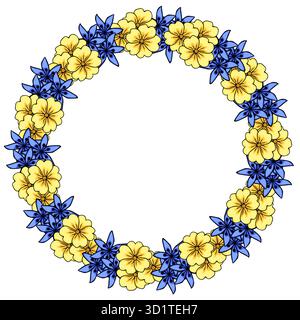 Dekorativer, kreisförmiger Vektorrahmen aus leuchtenden gelben Kerzen und zarten blauen scilla-sternförmigen Blüten, perfekt für Einladungen und Greeti Stock Vektor