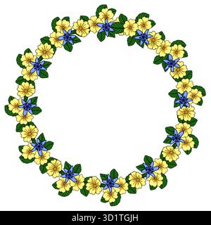 Ein zarter Vektorkranz aus leuchtenden gelben Primrosen und sternförmigen blauen scilla-Blüten, die mit üppigen grünen Blättern akzentuiert sind, die eine Zirkulation schaffen Stock Vektor