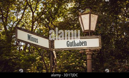 Wegweiser der direkte Weg zum Guthaben versus Minus - Bildmontage Stockfoto