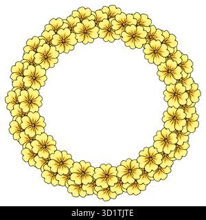 Eine bezaubernde Vektor-Illustration eines runden Kranzes, der aus zahlreichen leuchtenden gelben Kerzenblüten mit dunklen Umrissen und subtiler Schattierung besteht, kreatisiert Stock Vektor