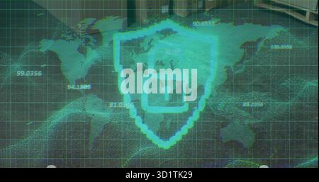 Grüner Schild mit Vorhängeschloss-Symbol auf der Cyber-Schnittstelle, die das Kartenraster und die Datenpunkte anzeigt Stockfoto