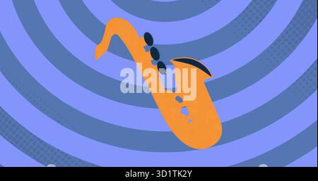 Mit stilisierter orangener Saxophon-Silhouette in abstrakter Illustration mit blauen konzentrischen Ringen Stockfoto