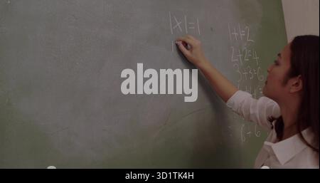 Schreiblehrer löst absolute Wertgleichung auf grüner Tafel mit weißer Kreide, Kopierraum Stockfoto