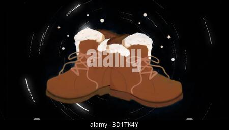 Schwimmende braune Winterstiefel mit flauschigem Futter und leichten Schnürsenkeln gegen schwarze Leere, mit Funken Stockfoto