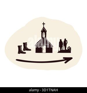 Einfaches Schild mit Stiefeln, Hostel und Kirche für Rucksacktouristen. Handgezeichnetes schwarzes und weißes flaches Vektormotiv für europäische Pilgerreise und Stock Vektor
