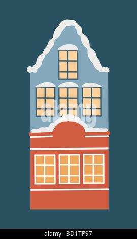 Winter Vektorhaus im skandinavischen Retro-Stil. Handgezeichneter Vintage-Zeichentrick-Clip-Art. Vektor-flache Illustration eines Weihnachtshauses auf einem dunkelblauen Hintergrund Stock Vektor