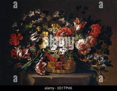 CORTE, Gabriel de la (* 1648, Madrid, d. 1694, Madrid) Blumen in einem Korb Öl auf Leinwand aus den 1680er Jahren, 60 x 80 cm Privatsammlung die Komposition dieses Werkes ist fast sicher von den großen Gemälden von Juan de Arellano inspiriert, obwohl die kaskadierenden Blumen auf beiden Seiten des Korbes das unverwechselbare Zeichen von de la Corte tragen. --- Schlüsselwörter: ----------------- Autor: CORTE, Gabriel de la Titel: Blumen im Korb Zeitlinie: 1651-1700 Schule: Spanisch Form: Malerei Art: Stillleben Stockfoto