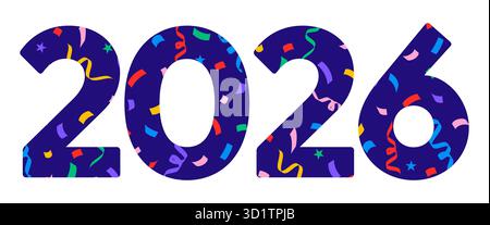 2026 Vektor-Logo isoliert, Feier Neujahr 2026 Zahlendesign mit buntem Konfetti-Muster, festliches 2026 Typografie-Logo mit Schlangenband Stock Vektor
