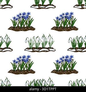Nahtloses Vektormuster mit Blumen des frühen Frühlings, Schneeglöckchen und scilla, die aus schneebedeckten Böden auftauchen. Stock Vektor