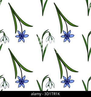 Ein bezauberndes, nahtloses Vektor-Muster mit zarten Schneeglöckchen und leuchtend blauen scilla-Blüten, angeordnet mit eleganten grünen Stielen und Blättern davor Stock Vektor