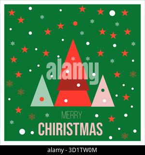 Weihnachtsgruß mit stilisierten Bäumen, roten Sternen, Schneeflocken und „Merry Christmas“-Text auf grünem Hintergrund Stock Vektor