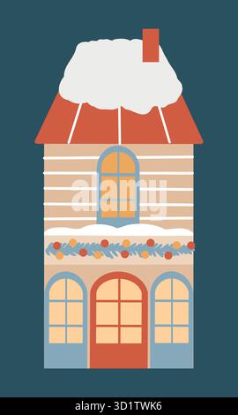 Winter Vektorhaus im skandinavischen Retro-Stil. Handgezeichneter Vintage-Zeichentrick-Clip-Art. Vektor-flache Illustration eines Weihnachtshauses auf einem dunkelblauen Hintergrund Stock Vektor