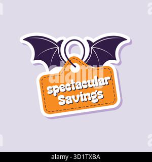 Halloween-Verkaufsanhänger mit Fledermausflügeln und verspieltem Text mit der Aufschrift „Spectacular Savings“ auf violettem Hintergrund Stock Vektor