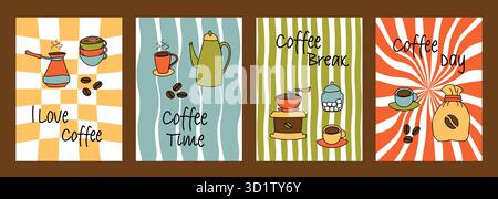 Set mit Kaffeebannern mit einem einfachen Linienmuster. Flyer in der Café-Bar, Tasse, Kaffeemaschine, Bohnen, Kaffeesorten. Vektorabbildung Stock Vektor