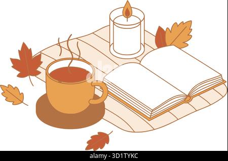 Gemütliche Herbstszene mit Teetassen-Buch und Kerze für Entspannung und ästhetischem Design der Herbstsaison Stock Vektor