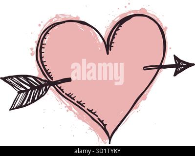 Handgezeichnetes rosafarbenes Herz, durchbohrt von einem Pfeil mit Details im Skizzenstil, Spritzern, weißem Hintergrund, Symbol für Liebe und Romantik. Valentinstag Stock Vektor