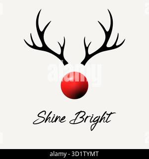 Minimalistisches Neon-Rentier-Gesicht mit roter Nase und „Shine Bright“-Text – Weihnachtsdesign Stock Vektor