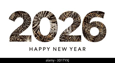 Jahr 2026 Logo mit goldenem Feuerwerk Hintergrund, Happy New Year 2026 Zahlensymbol auf transparentem Hintergrund Stock Vektor