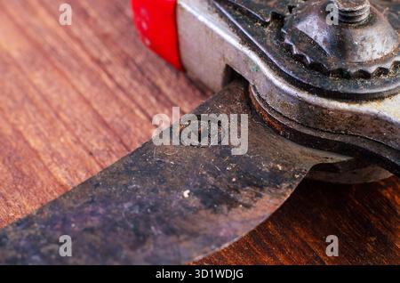 Makrofoto einer rostigen Kreuzschlitzschraube, die korrodiertes Metall, abgenutzte Oberfläche und detaillierte Textur hervorhebt. Geeignet für Werkzeuge, Reparaturen und industria Stockfoto