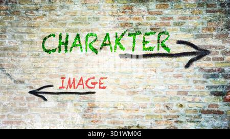Wegweiser der direkte Weg zu Character versus Image – Bildmontage Stockfoto