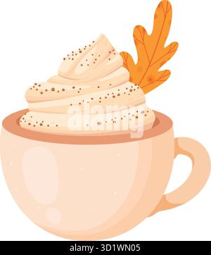 Kürbisgewürz saisonales aromatisiertes Produkt, Getränketasse, Tasse isoliert auf weißem Hintergrund. Herbstlich köstliche süße Desserts oder Gebäck. Modernes farbenfrohes vecto Stock Vektor