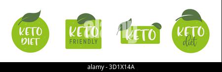 Keto Diet Green Label hinterlässt ein gesundes Bio-Symbol. Keto Diet Nutrition Low Carb Ketogenic Design Eco Icon. Stock Vektor