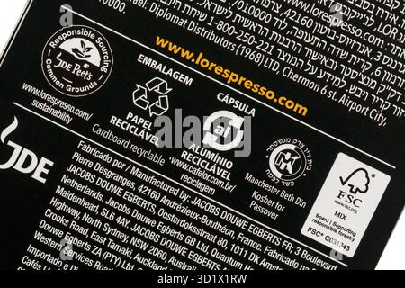 Recycling-Informationen zu Ochsen von L'Or Espresso Lungo Profondo Kaffee Aluminium Kapseln Pods UK Stockfoto