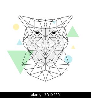Geometrisches Eulenkopf-Design, schwarze polygonale Linien, abstrakte, farbenfrohe Formen, minimales modernes Tierkunstkonzept Stock Vektor