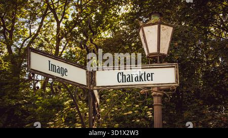 Wegweiser der direkte Weg zu Character versus Image – Bildmontage Stockfoto